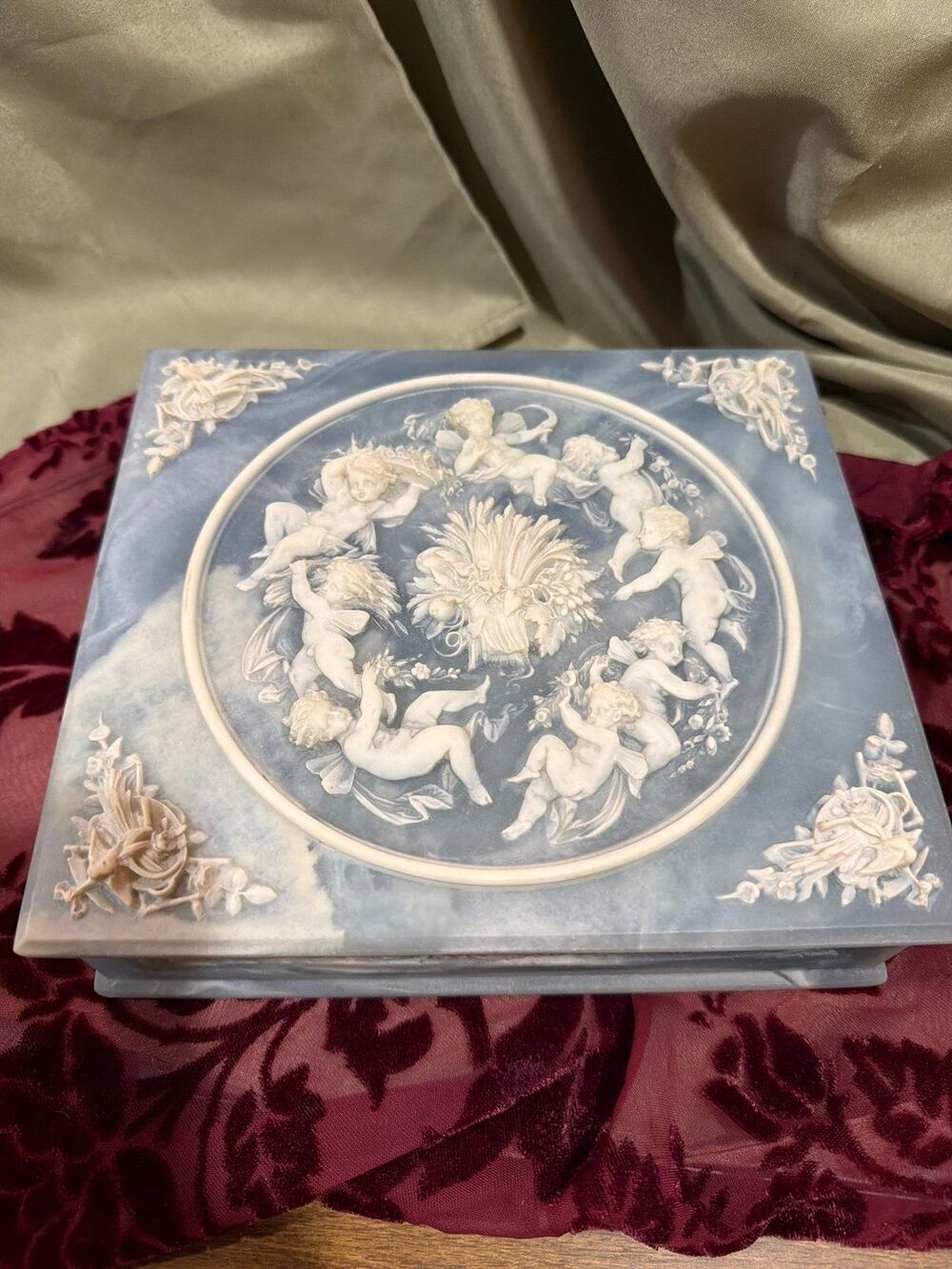 Cherub Angel Vintage Incolay Stone Compartment Box